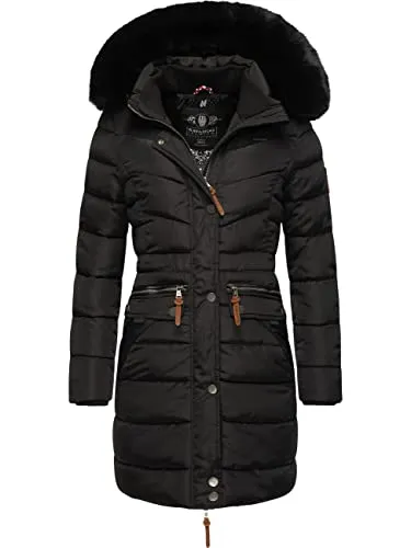 Navahoo Damen Winter Steppmantel Paula Black mit Kunstfell - Funktionsjacke mit abnehmbarer Kapuze und kuscheligem Kunstfell, wasser- und windabweisend – perfekt für kalte Wintertage!