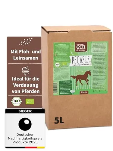 EM-Chiemgau Bio-Ergänzungsfuttermittel für Pferde 1L - Flüssiges Bio-Futterergänzungsmittel mit Lein- und Flohsamen, ideal für die tägliche Fütterung. Einfach dosierbar, unterstützt eine angenehme Fütteroutine und sorgt für klare Mengenangaben pro 100 kg KGW.