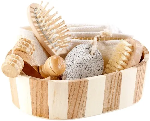 newgen medicals Sauna Zubehör: 6-teiliges Badeset aus Naturmaterialien (Wellness Badeset, Badebürste, Hornhautentferner)