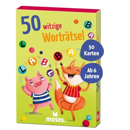 Moses. 50 witzige Worträtsel, Kartenset mit lustigen Wortspielen und Buchstabenrätseln, Kindergeburtstag, Schulstart und Urlaub, für Kinder ab 6 Jahren, Yellow