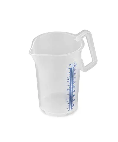 thermohauser Messbecher m. geschlossenem Griff, 1000 ml, Kunststoff PP, blaue Skala in Litern und Millilitern, Klar