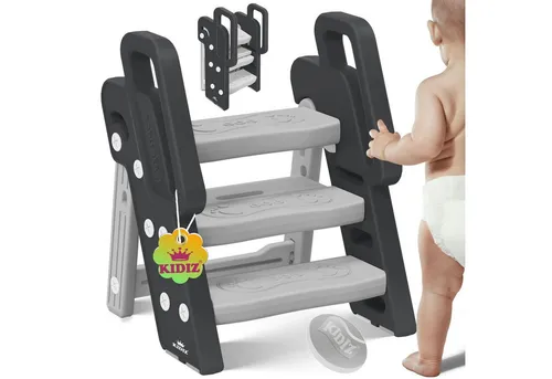 KESSER Tritthocker - Klappbare Trittleiter mit 3 Stufen für Kinder, Anthrazit/Grau - Tritthocker für Kinder, klappbar und sicher, ideal für das Erreichen hoher Regale oder zum Spielen.