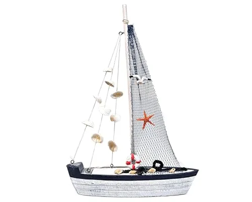 Yudu Deko Segelboot Boot Schiff Holz Rettungsring Muscheln Seestern Seevögel Maritime