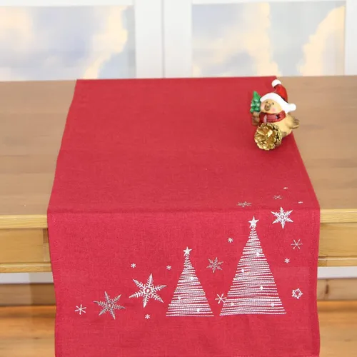 Tischläufer TANNENBÄUME rot 40x150 cm Stickerei Winter Weihnachten Küche