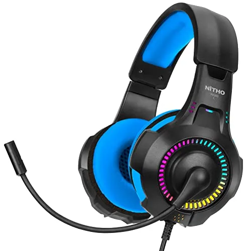 NITHO NX200 Gaming Headset – Over-Ear Stereo Kopfhörer mit hochklappbarem Mikrofon, RGB-Lichteffekt, 3.5-mm-Audio – für PC, PS4, PS5, Xbox, Mobile, Tablet – Blau