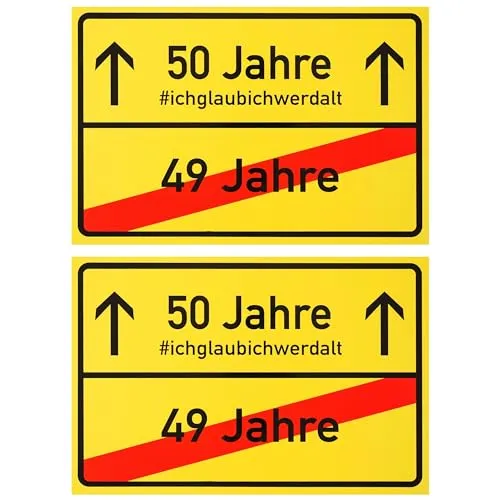 Ortsschild zum 50.Geburtstag, 2 Stück, 1 mm PVC, 30 x 20 cm, Scherzartikel für Geburtstagsgeschenk, Geburtstagsüberraschung 50 Jahre, Schild als Geburtstagsdekoration, lustiges Hinweisschild fünfzig