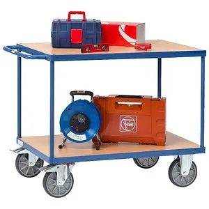 fetra Tischwagen 2400 - Robuster Transportwagen mit 500kg Tragkraft - Tischwagen mit 2 stabilen Holzwerkstoffplatten, ideal für schwere Lasten. Ausgestattet mit TPE-Reifen und Sicherheitslenkrollen für mühelosen Transport.
