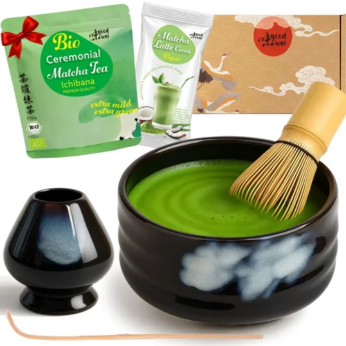 Matcha Set mit BIO Matcha Tee Pulver | Teeschale, Matchabesen & Halter | Burashi