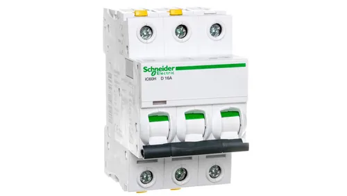Schneider Electric A9F08316 Leitungsschutzschalter 3P 16A D IC60H - Trenn- & Lastschalter, bietet hohe Sicherheit mit einem Bemessungsschaltvermögen von 10 kA bei 230 V und 15 kA bei 400 V, ideal für zuverlässigen Schutz in elektrischen Installationen.