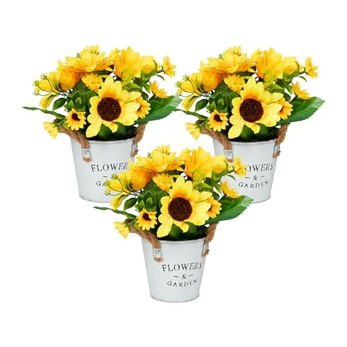 Relaxdays künstliche Sonnenblumen im Topf, 3er Set Kunstblumen wie echt, Kunstpflanzen, unechte Dekopflanzen, gelb/weiß