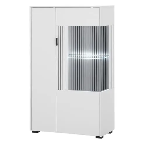 Lomadox Highboard Vitrine Vitrinenschrank Standvitrine modern LED Beleuchtung weiß matt schwarz gerillt 75x125x38 cm
