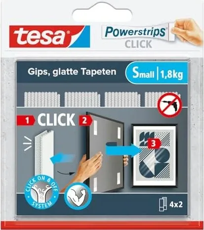 tesa Powerstrips CLICK Klett-Klebepads, Small 1,8kg (4 x 2 Stück) Klett-Klebepads, ohne Bohren