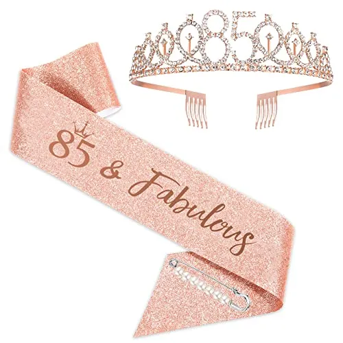 SZHUIHER Schärpe und Tiara zum 85. Geburtstag, Roségold-Geburtstagsschärpe, Krone 85 & fabelhafte Schärpe und Tiara, Geschenke zum 85. Geburtstag für glückliche 85. Geburtstagspartys