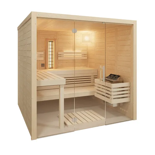 Infraworld Solido Glas Massivholzsauna mit Infrarotstrahler 210x212x202 - Hochwertige Massivholzsauna mit modernem Glasdesign, ideal für entspannende Auszeiten und Wohlfühlmomente zu Hause.