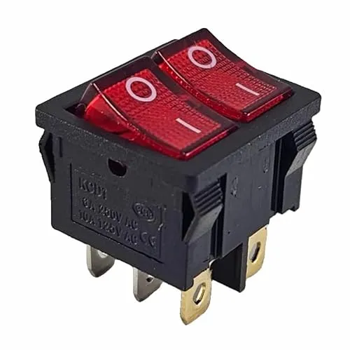 Doppel-Wippschalter schwarz 20x22 mm, Rote Wippe beleuchtet 6 pin 6A 250VAC