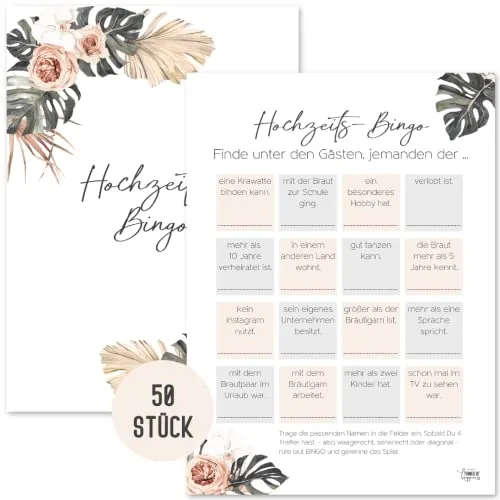 Things of Happiness Hochzeitsbingo 50 Karten by Hochzeitsspiel für Gäste im Boho Design | Hochzeitsgeschenk | Hochzeitsdekoration (Beige Palmen)