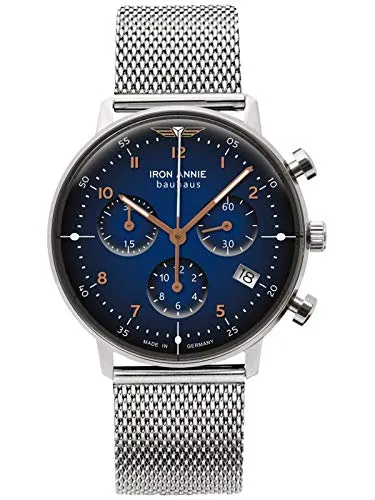 Iron Annie 5089M-3 Quarzuhren Chronographen - Elegante Bauhaus Lady Armbanduhr aus Edelstahl, mit rosegoldenen Akzenten und blauem Zifferblatt. Ideal für stilbewusste Damen, die Präzision und Design schätzen.