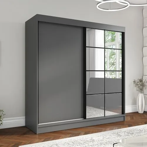 A&J MöbelLand Schwebetürenschrank TAVIRO Kleiderschrank 2-türig mit Schubladen und Spiegel, Garderobe 200 cm (Graphit)