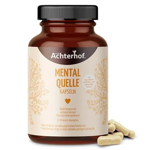 Mentalquelle Kapseln (60 Stück) | mit Baldrian, Johanniskraut, Passionsblume und B-Vitaminen | gute Zutaten für das Nervensystem | vegan | vom Achterhof