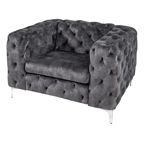 riess-ambiente Chesterfield-Sessel MODERN BAROCK 120cm dunkelgrau - Eleganter Samt-Sessel mit Taschenfederkern-Polsterung für hohen Sitzkomfort. Auffällige Ziersteppung und silberne Metallfüße machen ihn zum Blickfang in jedem Raum.