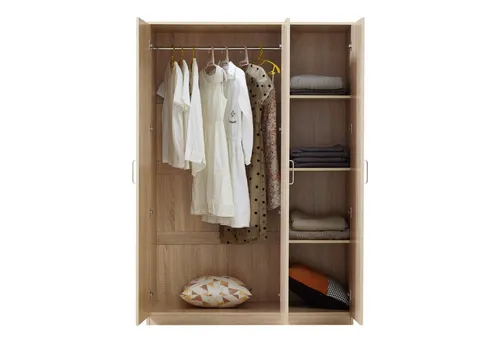 [en.casa] Kleiderschrank Bodolz 3-türig - Eleganter Stauraum für Ihr Zuhause - Kleiderschränke mit 1 Kleiderstange und 4 Fächern, aus MDF in Sonoma-Eiche, ideal für knitterfreie Aufbewahrung und schnellen Aufbau.