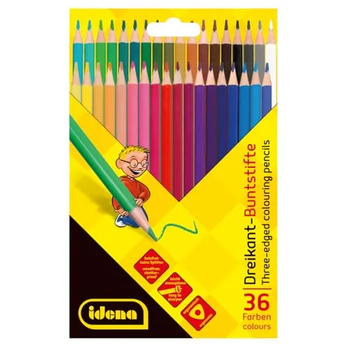 Idena 20161 - Dreikant-Buntstifte zum Malen, Zeichnen, Schreiben und Kolorieren, 36 Farbstifte in strahlenden Farben im Kartonetui, Malstifte in ergonomischer Dreiecksform
