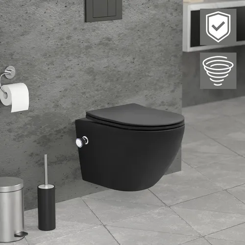 LuxeBath Wand WC Spülrandlos mit Bidet-Funktion Schwarz matt 49cm - Sanitäranlagen & Zubehör – Modernes Wand WC mit Duschfunktion für höchste Hygiene und Komfort, inklusive abnehmbarem Soft-Close Sitz.