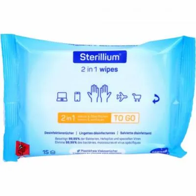 Bode Sterillium 2 in 1 Wipes - Desinfektionstücher für Hände & Oberflächen - Arzneimittel: 15 plastikfreie Desinfektionstücher, die 99,99 % der Keime beseitigen. Ideal für unterwegs, dermatologisch getestet und mit frischem Duft.