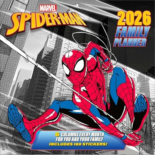 Pyramid - SPIDER-MAN 2026 – Familienplaner 30×30 cm (aufgeklappt 30×60 cm) mit 12 Marvel-Motiven von Spider-Man in Action, Wandkalender für Familien & Superhelden-Fans