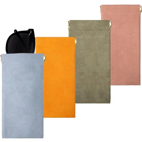 Jesustree Leder Brillenetui, Tragbar Quetschoberteil Brillentasche Wasserdicht Sonnenbrille Aufbewahrungsetui für Damen Männer Reisen Lippenstift Schlüssel Ausweis Kreditkarten 4 Stück