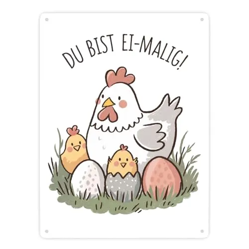 Henne mit Küken Du bist Ei-Malig! Metallschild XXL in 28x38 cm humorvolles Blechschild für Küchendekor oder Bauernhofstil Ostern