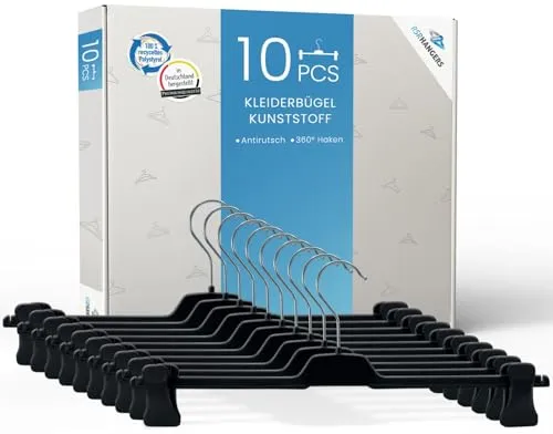 RSR Hangers Hosenbügel 10 Stück PUC Hosenspanner Kleiderbügel Kunststoff 30 cm | rutschfeste gummierte und verstellbare Klammern | 360° drehbarer Haken | platzsparend | Made in Germany