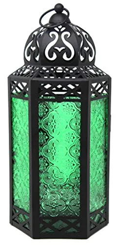 Dekorative marokkanische Laterne aus schwarzem Metall mit Kerzenhalter – Innen-/Außenbereich, Heimdekoration, Terrasse, Hochzeiten, Halloween, Weihnachten, groß, grün