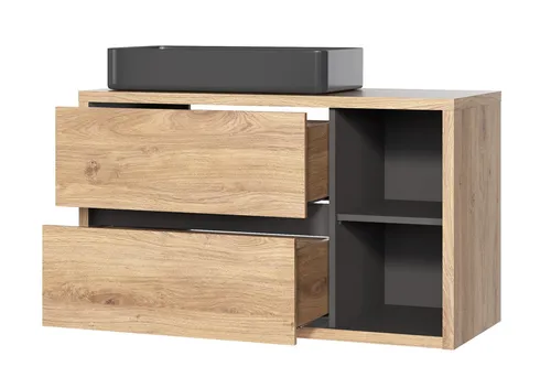 Waschbeckenunterschrank mit Waschtisch hängend 100 cm - Badmöbelset in modernem Design, inklusive 2 Schubladen und 2 Regalfächern für optimalen Stauraum, Farbe: Eiche/Schwarz, ideal für stilvolle Badezimmer.