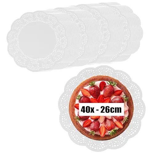 com-four® 40x Tortenunterlage [ Ø 26 cm ] - Tortenspitzen als Unterlage zum Dekorieren und Servieren - weiße Tortenteller aus Papier (40 Stück - Ø 26cm)