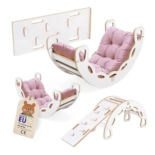 MISIOO Rocker 4in1 Kinderwippe - Indoor Spielplatz Kletterbogen mit Kissen, Klettern Kinder Indoor, inklusive Kletterwand/Rutsche 90x35 cm, Wippe 90x41x50 cm, bis 40 kg