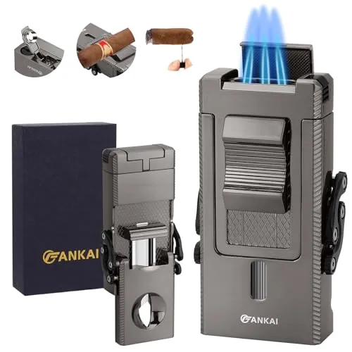 FANKAI Zigarrenfeuerzeug, Multi-Tool Taschenlampe mit Schiebepoker und zigarre, Butan Feuerzeug Triple Jet Flame
