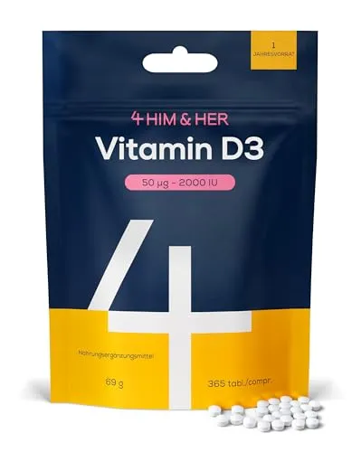 Vitamin D3 2000 IE – 365 Tabletten – Hochdosiert: Nur 1 Tablette alle 2 Tage (1000 IE Tag) – Laborgeprüfte Premium Qualität ohne Zusätze – Vegetarisch & Sicher – 4 HIM & HER
