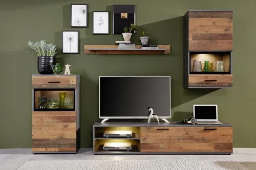 trendteam Wohnwand Schrankwand Anbauwand - Mango - Vintage Stil für Ihr Wohnzimmer - TV-Möbel & Schrankwände in Vintage/Retro-Design, mit 8 Regalfächern und Platz für Fernseher bis 65 Zoll - ideal für stilvolle Wohnräume.