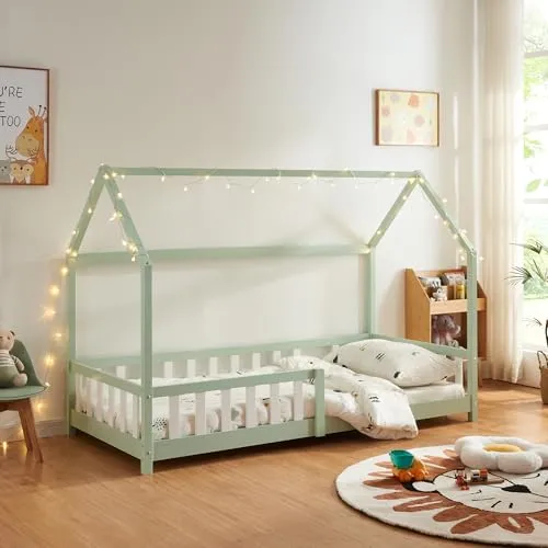 [en.casa] Kinderbett Hesel Hausbett Mintgrün 90 x 200 cm - Betten: Charmantes Hausbett aus Kiefernholz mit Rausfallschutz, ideal für ein sicheres und gemütliches Kinderzimmer.