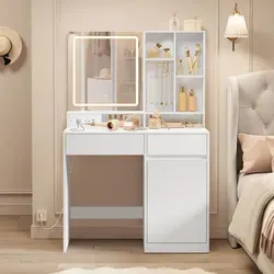 VASAGLE Schminktisch mit LED-Beleuchtung, Steckdosenleiste, Frisiertisch mit Schubladen, 90 cm breit, verstellbaren Ablagen, Schmuckaufbewahrung