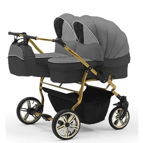 Zwillingskinderwagen 2 in 1 Duet Lux Goldedition - Kinderwagen-Set mit 10 Teilen, inklusive 2 Wannen und 2 Sportsitzen. Ideal für Geschwister unterschiedlichen Alters und vielseitig einsetzbar.