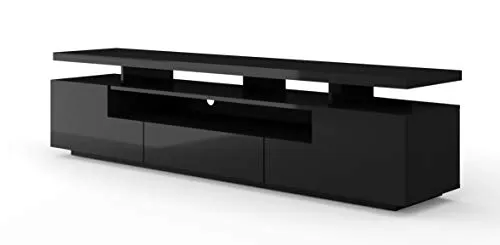 TV Lowboard EVA 180x42x51 cm – Fernsehtisch modernes TV Möbel mit 2 Türen, 1 Schublade für Wohnzimmer - Hochglanz TV Tisch Sideboard doppelte Tischplatte (Schwarz Matt/Hochglanz ohne LED)