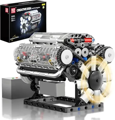 Mould King 10088 Technik V8 Motor Bausatz Bausteine Modell Motor Klemmbausteine Benzinmotor Engine Kit Transparentes Funktionsmodell für Engine Fans (535 Teile)
