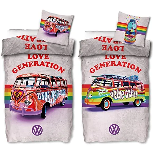 VW Volkswagen Bulli Bettwäsche Love Generation 135x200 cm - Bettwäsche-Set für VW-Fans in 100% Baumwolle, pflegeleicht und schadstoffgeprüft, ideal für traumhafte Nächte im Retro-Look.