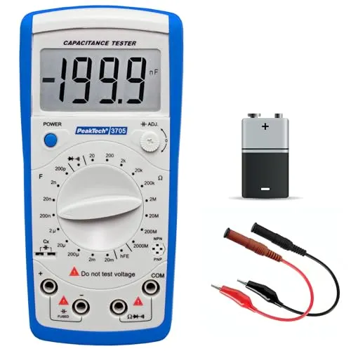 PeakTech Digital Kapazitätsmessgerät 20MF - Widerstandmessgerät 2000 Mohm - Multimeter für präzise Bauteilprüfungen, inklusive Dioden-, Durchgangs- und Transistortests. Sicherheit nach EN 61010-1, CAT II für zuverlässige Nutzung.