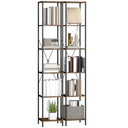 HOMCOM Bücherregal 2er-Set Regal mit 6 Ebenen, Standregal Industrial Dekoregal mit Stahlrahmen für Wohnzimmer, Homeoffice, Schlafzimmer, 30 x 30 x 174,5 cm, Rustikal-Braun