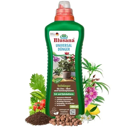 Blusana Premium Universal Flüssigdünger NPK Dünger 6-3-6 für Zierpflanzen Obst- und Gemüse Hydrokultur Erde Hydroponik mineralischer Volldünger (1 Liter - 1 Flasche)