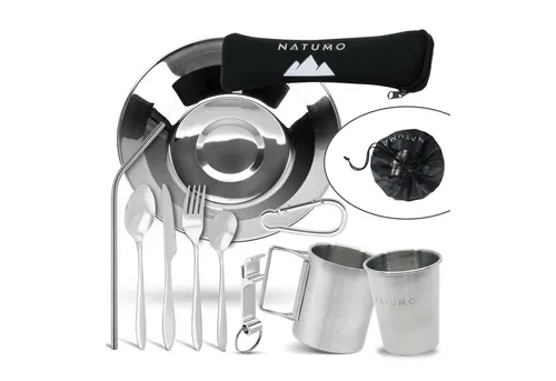 natumo 10tlg. Edelstahl Besteck-Set für Camping - Hochwertiges, rostfreies Camping-Geschirr aus Edelstahl, spülmaschinengeeignet und ideal für Outdoor-Aktivitäten.