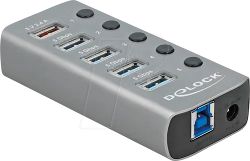 DELOCK 63262 - 4-Port USB 3.0 Hub mit Schnellladefunktion - USB-Hub mit 4 Anschlüssen und zusätzlichem Schnellladeport für Smartphones, robustes Metallgehäuse, Plug & Play, ideal für schnelle Datenübertragung bis zu 5 Gbps.